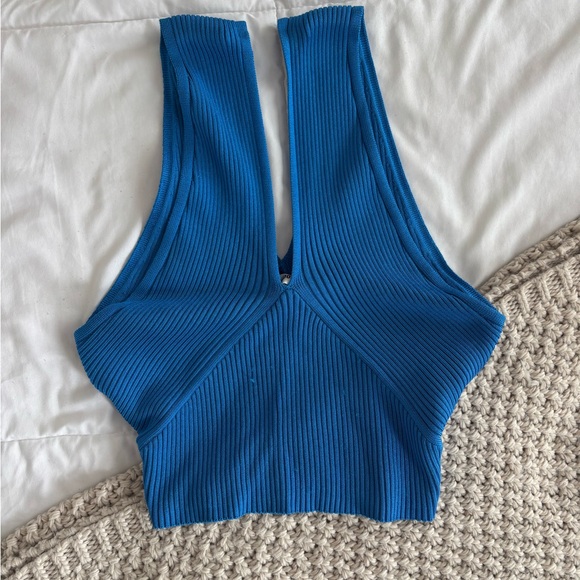 Day + Moon Tops - Ribbed Deep V Crop Top in Blue